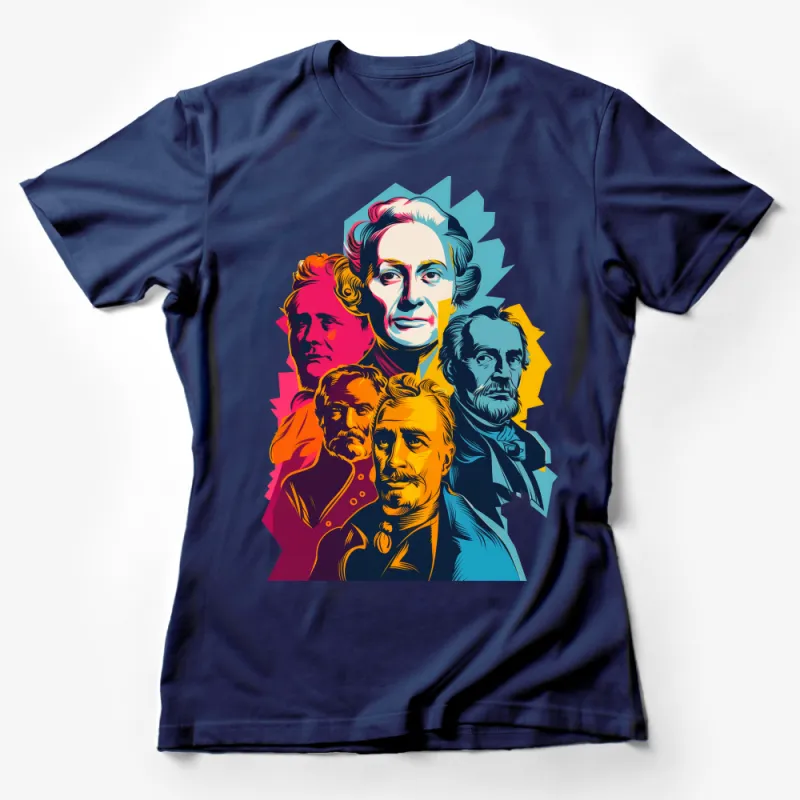 Colorful Historical Figures Illustration T-Shirt, Vibrant Graphic Tee, Artistic Portrait Print Shirt, Unisex Female T-Shirt