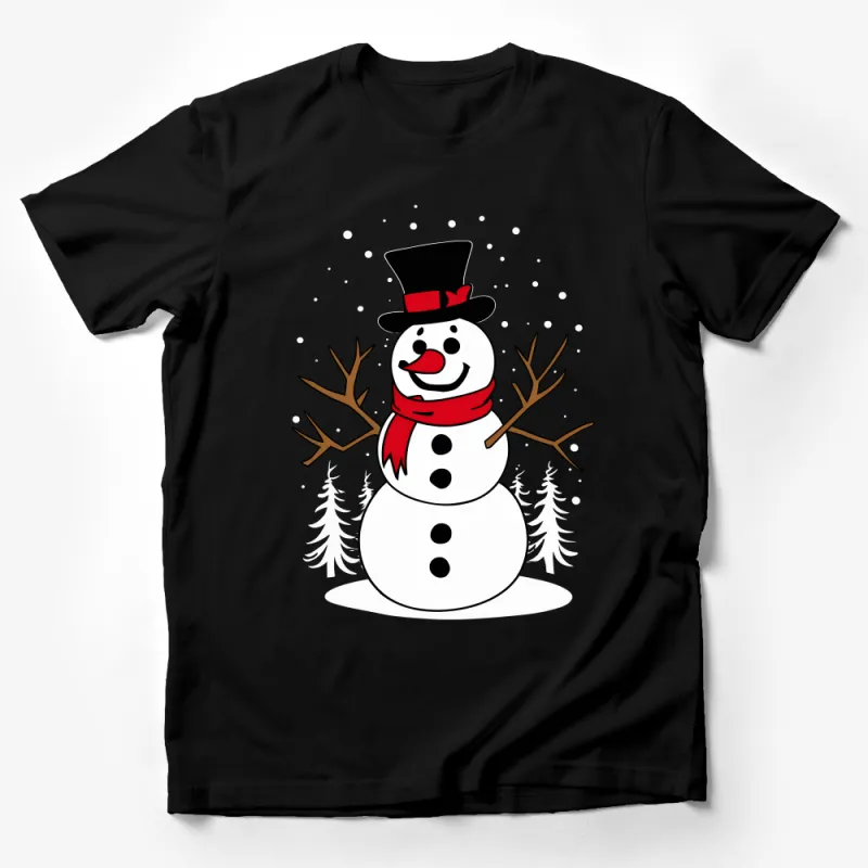 Festive Snowman T-Shirt with Top Hat, Joyful Holiday Winter Wear, Red Scarf Christmas Apparel, Unisex Adult Sizes Male T-Shirt