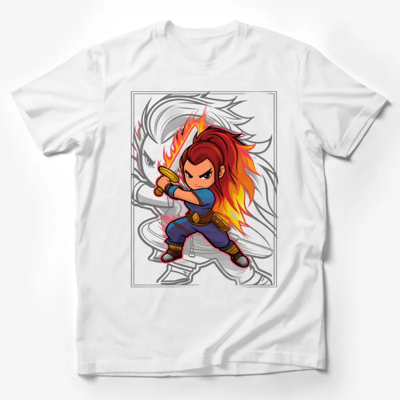 Fantasy Warrior T-Shirt, Fire-Haired Sword Fighter, Unisex Graphic Tee, Gaming Apparel, Anime Style Top Male T-Shirt