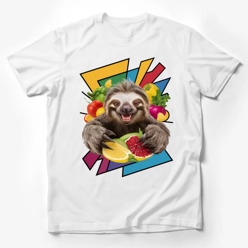 Colorful Sloth T-Shirt, Funny Sloth with Citrus Fruits, Unisex Cartoon Animal Tee, Vibrant Graphic Shirt for All Ages Male T-Shirt