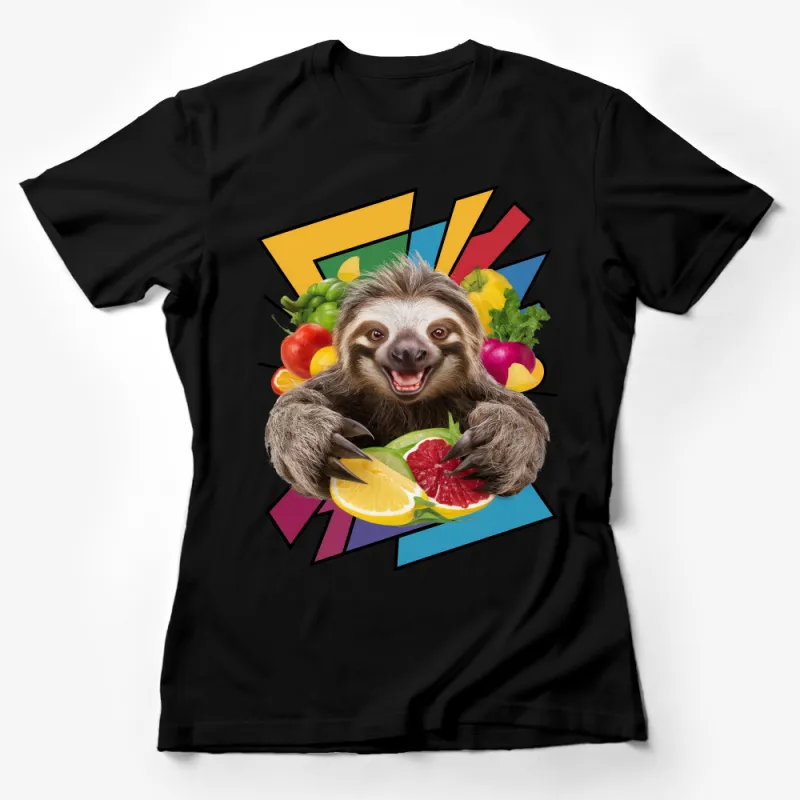 Colorful Sloth T-Shirt, Funny Sloth with Citrus Fruits, Unisex Cartoon Animal Tee, Vibrant Graphic Shirt for All Ages Female T-Shirt