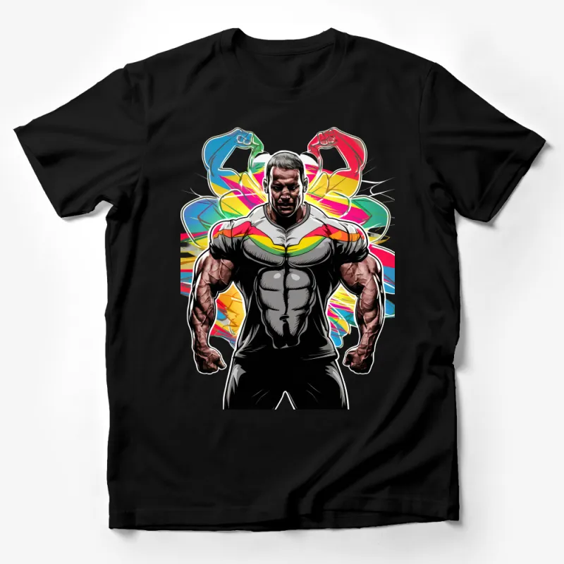 Muscular Man Graphic Tee, Vibrant Fitness Art T-Shirt, Bodybuilding Casual Wear, Gym Fashion Tops Male T-Shirt