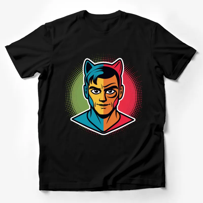 Colorful Superhero Cat Ears T-Shirt, Unisex Comic Style Tee, Vibrant Casual Graphic Shirt, Perfect for Cosplay Male T-Shirt