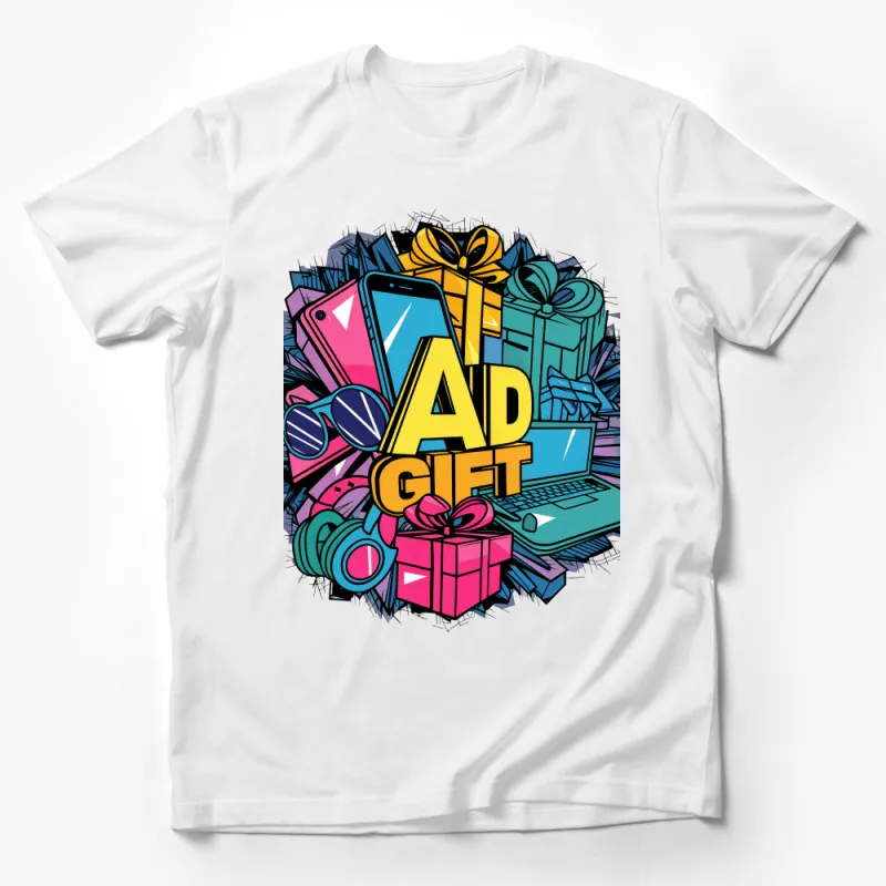 Colorful Tech Gadgets and Gifts Themed T-Shirt, Vibrant Graphic Tee for Geeks, Unisex Casual Wear Male T-Shirt