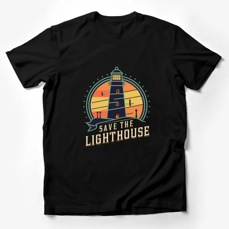 Save The Lighthouse Graphic T-Shirt, Vintage Sunset Nautical Tee, Unisex Coastal Design, Casual Beachwear Apparel, Gift for Sailor Male T-Shirt