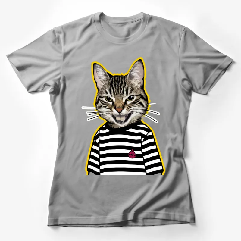 Funny Cat T-Shirt with Striped Outfit, Quirky Feline Fashion Tee, Unisex Graphic Cat Lover Gift, Whimsical Pet Apparel Female T-Shirt