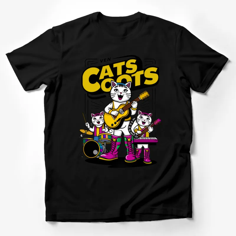 Cool Cats Band T-Shirt, Cartoon Cats Playing Instruments Music Lovers Tee, Fun Cat Guitarist Drummer Keyboardist Shirt Male T-Shirt