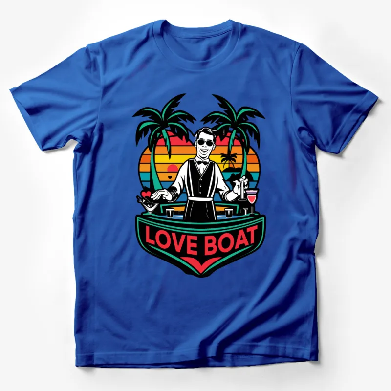 Tropical Love Boat T-Shirt, Vintage Style Bartender Tee, Palm Tree Sunset Graphic Shirt, Unisex Beach Party Top Male T-Shirt