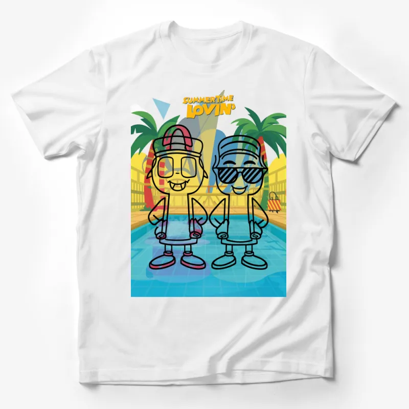 Summertime Lovin' Cartoon Characters T-Shirt, Fun Summer Vibes Tee, Colorful Poolside Graphic Shirt, Unisex Apparel Male T-Shirt