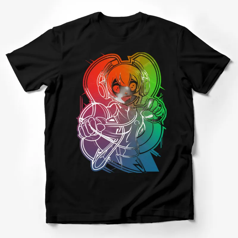 Colorful Anime DJ Girl T-Shirt, Vibrant Music Lover Tee, Casual Otaku Apparel, Unique Graphic Shirt for Parties and Festivals Male T-Shirt