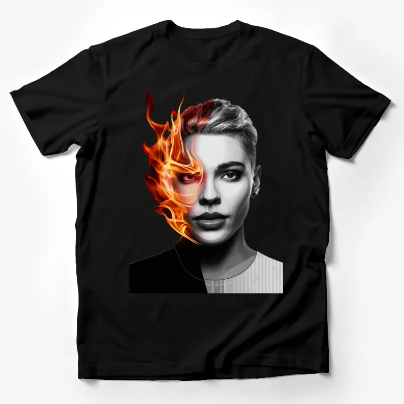 Fire Flame Art T-Shirt, Abstract Fire Face, Unisex Graphic Tee, Unique Artistic Fashion, Bold Statement Shirt, Creative Casual Wear Male T-Shirt