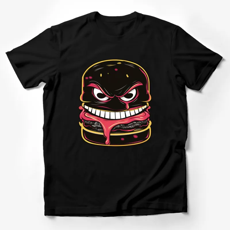 Angry Burger Cartoon Graphic Tee, Funny Hamburger Character T-Shirt, Unique Foodie Shirt, Unisex Apparel Male T-Shirt