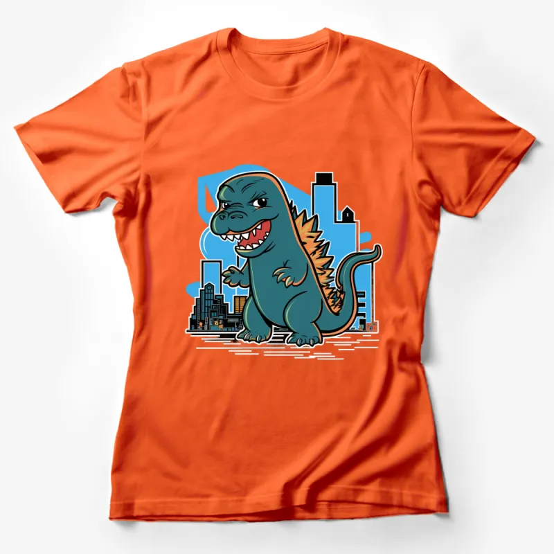 Cartoon Dinosaur City Rampage T-Shirt, Fun Urban Dino Graphic Tee, Unisex Casual Wear, Unique Dino Lover Gift, Cool Street Style Female T-Shirt