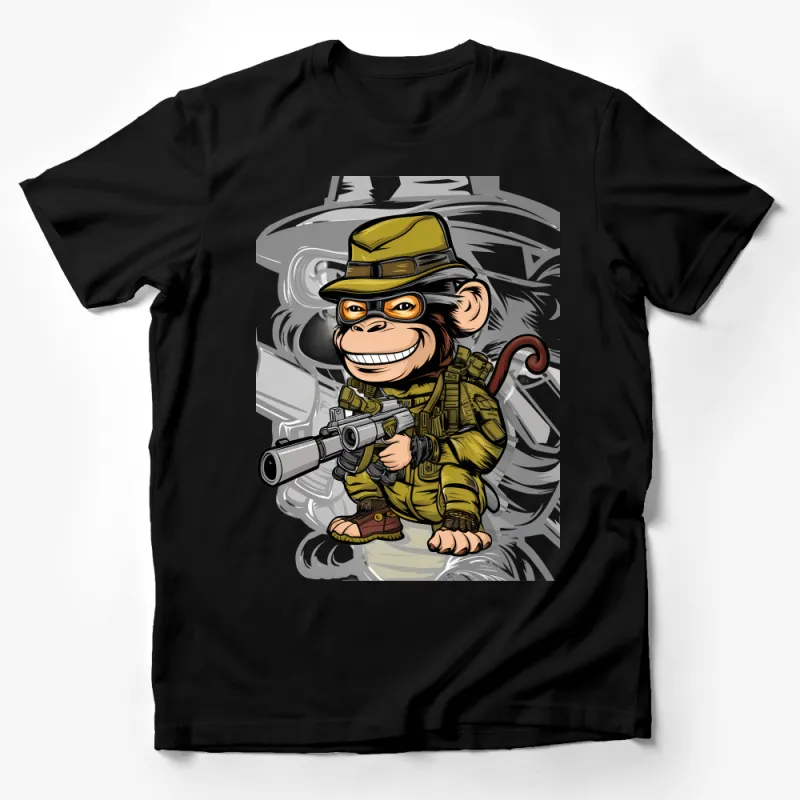 Funny Monkey Soldier Cartoon T-Shirt, Unisex Military Theme Graphic Tee, Unique Animal Character Shirt for Casual Wear Male T-Shirt