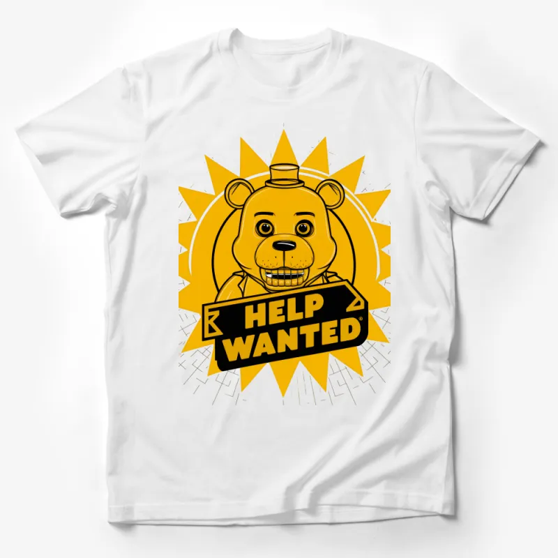 Bold Cartoon Lion Help Wanted Graphic Tee, Fun Animal T-Shirt, Unique Sunshine Yellow Shirt for All Male T-Shirt