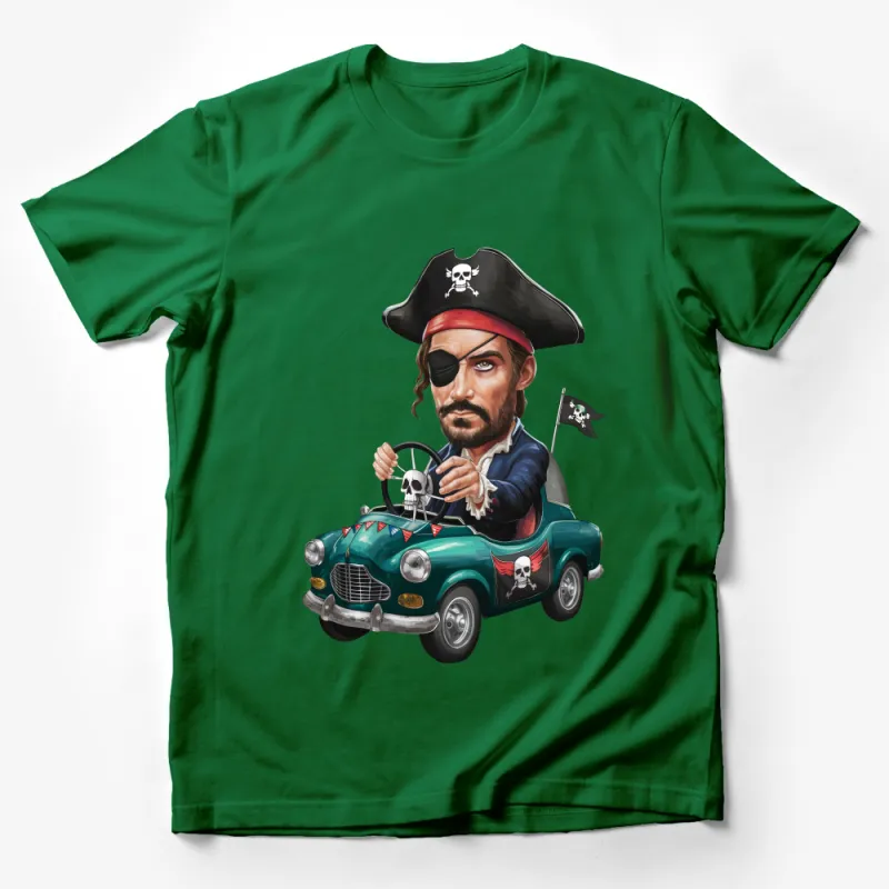 Pirate Cartoon Driving Vintage Car T-Shirt, Whimsical Pirate Captain Tee, Unisex Pirate Graphic Shirt Male T-Shirt