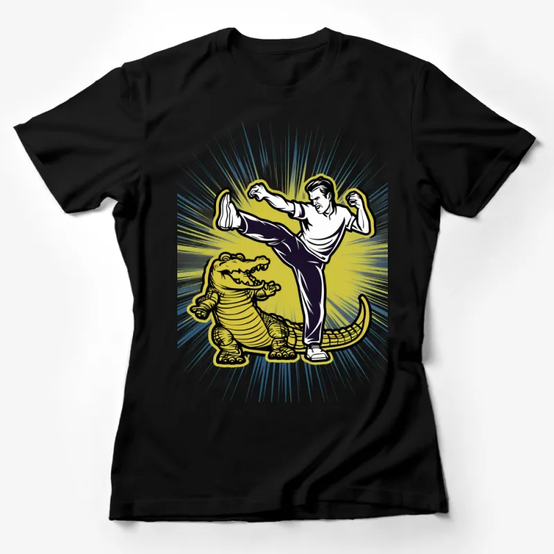 Martial Arts Battle T-Shirt, Karate Man vs. Crocodile, Unique Graphic Tee, Vintage Action Inspired, Streetwear Female T-Shirt