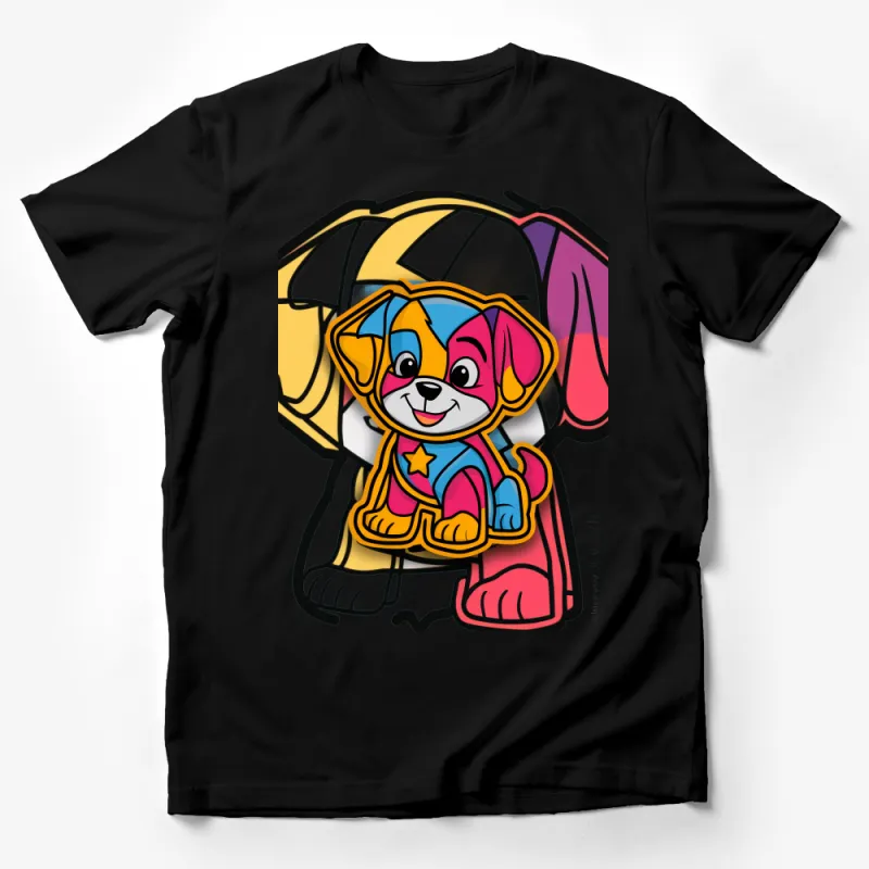 Colorful Cartoon Puppy T-Shirt, Cute Dog Hero Tee, Kids Superhero Dog Shirt, Vibrant Animal Graphic Top, Unisex Children's Clothing Male T-Shirt