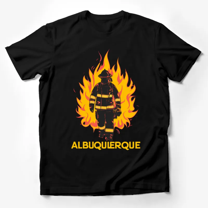 Firefighter T-Shirt with Flames, Albuquerque Casual Wear, Unisex Fire Dept Tee, Hero Graphic Shirt, Fire Rescue Apparel, Bold Design Male T-Shirt