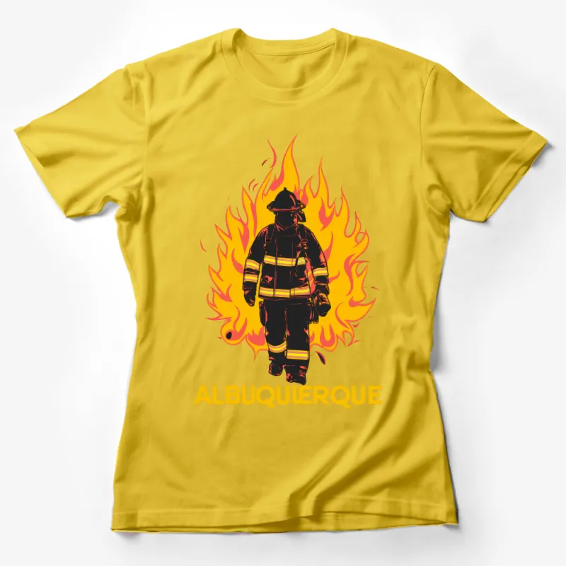 Firefighter T-Shirt with Flames, Albuquerque Casual Wear, Unisex Fire Dept Tee, Hero Graphic Shirt, Fire Rescue Apparel, Bold Design Female T-Shirt