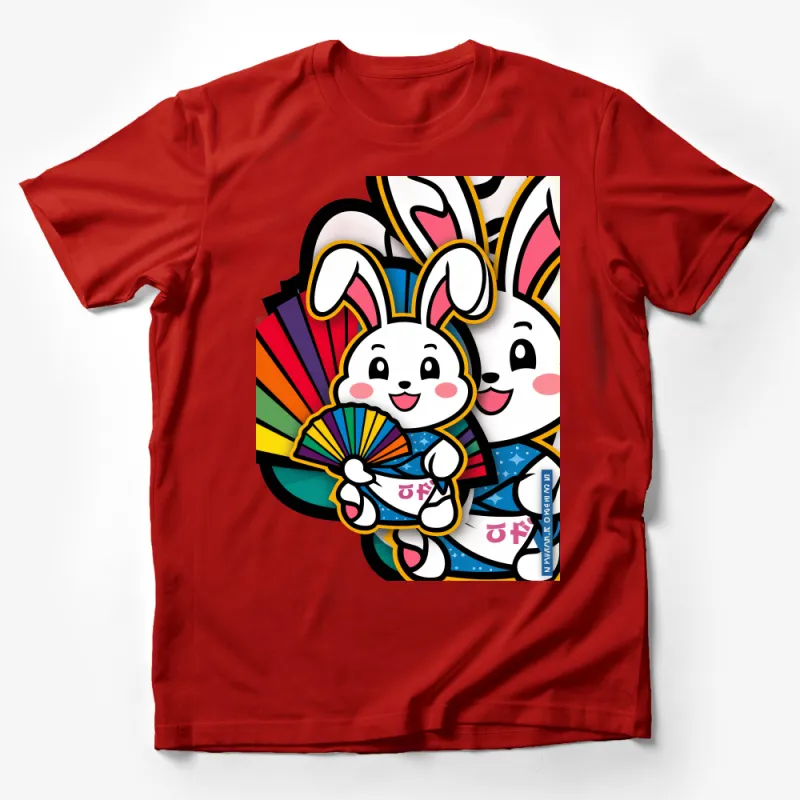 Cute Bunny T-Shirt with Colorful Fans, Kawaii Rabbit Tee, Unisex Casual Graphic Shirt for All Ages, Unique Gift Idea Male T-Shirt