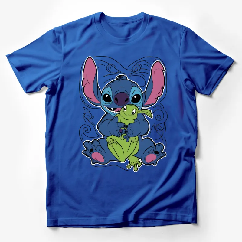 Cute Alien Creature and Frog Friend Unisex T-Shirt, Cartoon Graphic Tee, Casual Wear for All Ages Male T-Shirt