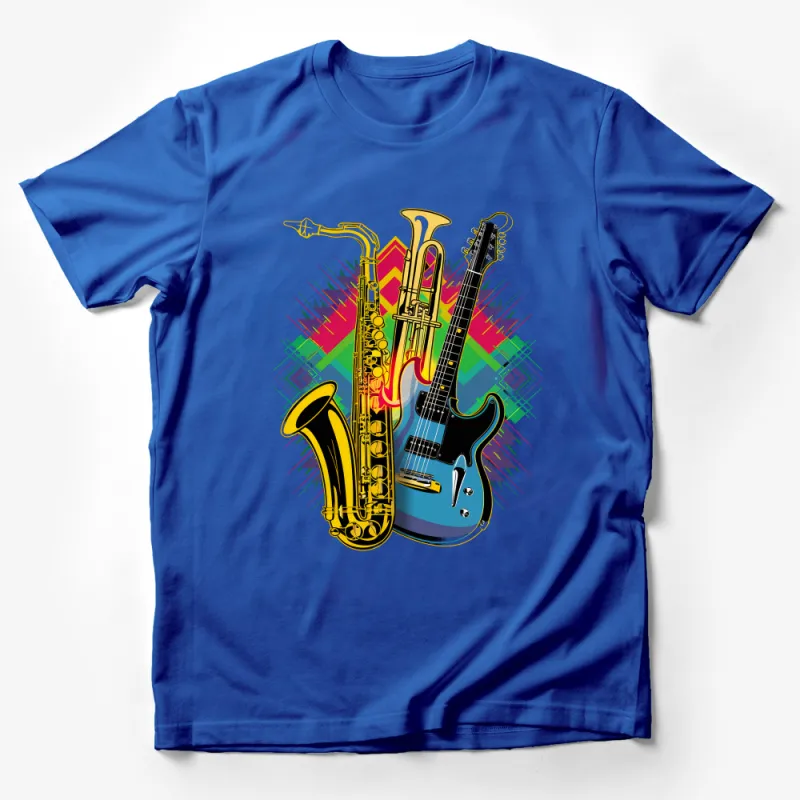 Colorful Music Instrument Tee, Saxophone Trumpet Guitar, Band Graphic T-Shirt, Unisex Musician Gift, Concert Attire Male T-Shirt