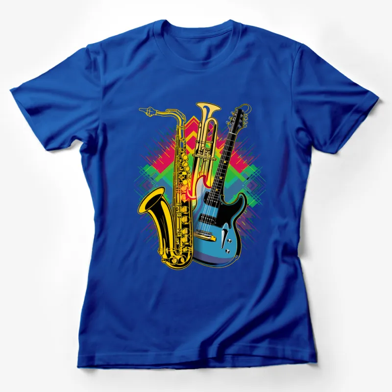 Colorful Music Instrument Tee, Saxophone Trumpet Guitar, Band Graphic T-Shirt, Unisex Musician Gift, Concert Attire Female T-Shirt