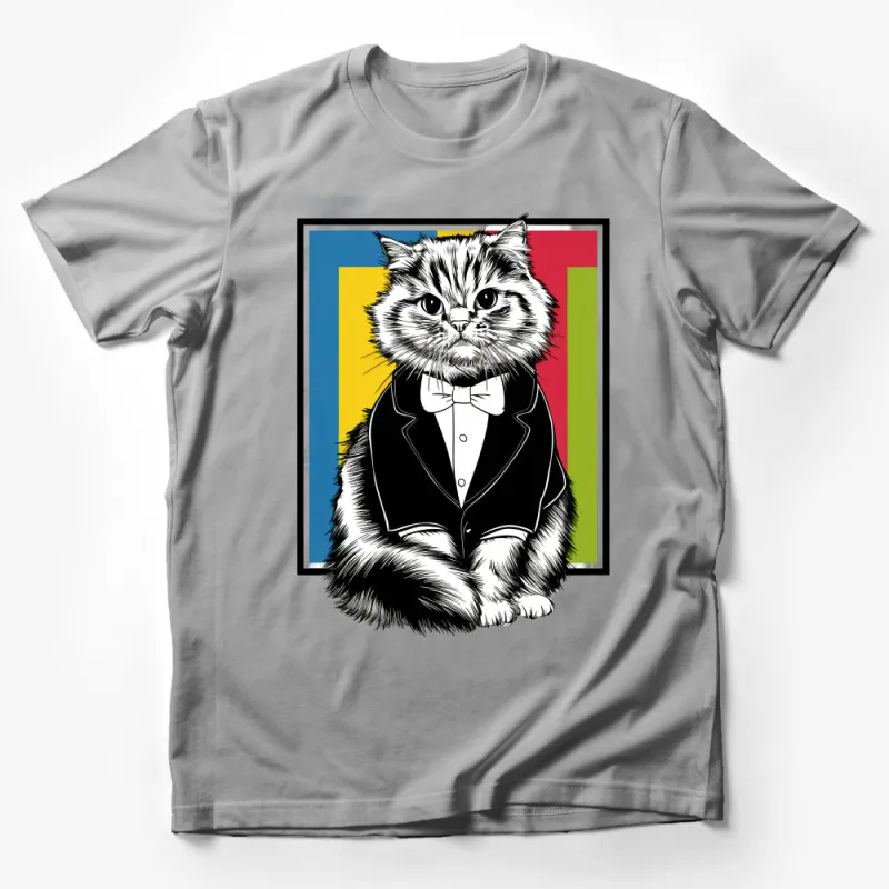 Whimsical Cat T-Shirt, Dapper Pet Graphic Tee, Colorful Background, Unisex Casual Wear, Feline Lover Gift, Unique Cat Illustration Male T-Shirt