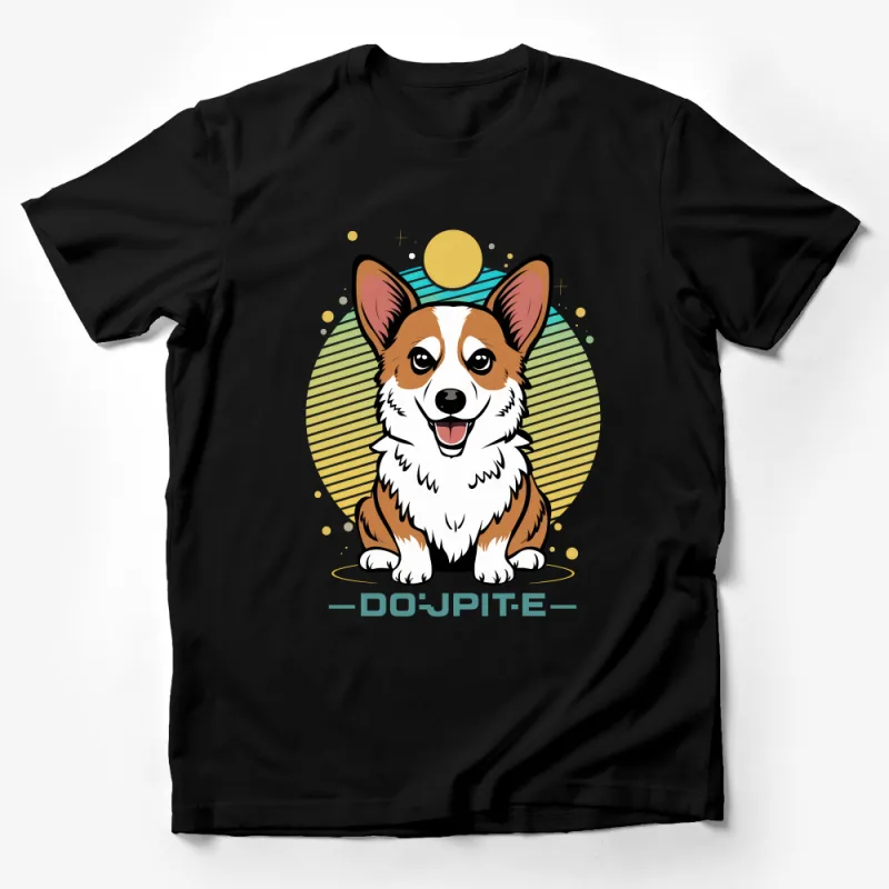 Cute Corgi Dog T-Shirt, Cartoon Corgi with Sunset Graphic Tee, Unisex Animal Lover Shirt, Casual Dog Owner Gift, Pet Illustration Top Male T-Shirt