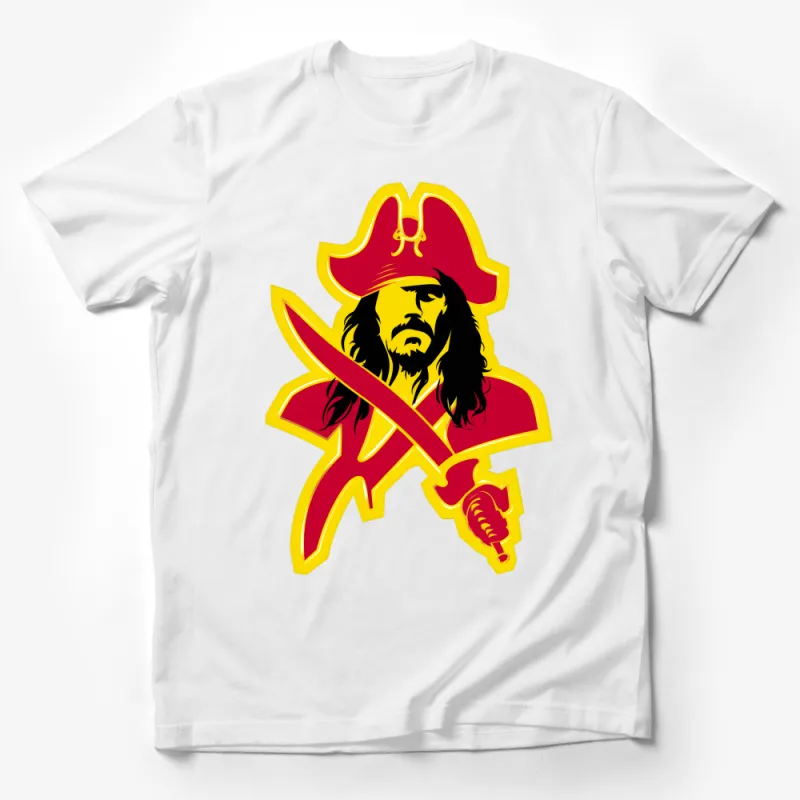 Pirate Graphic T-Shirt, Bold Red and Yellow Buccaneer Design, Unisex Cotton Tee, Comfort Fit, Casual Wear, Adventure Fashion, Gift Idea Male T-Shirt