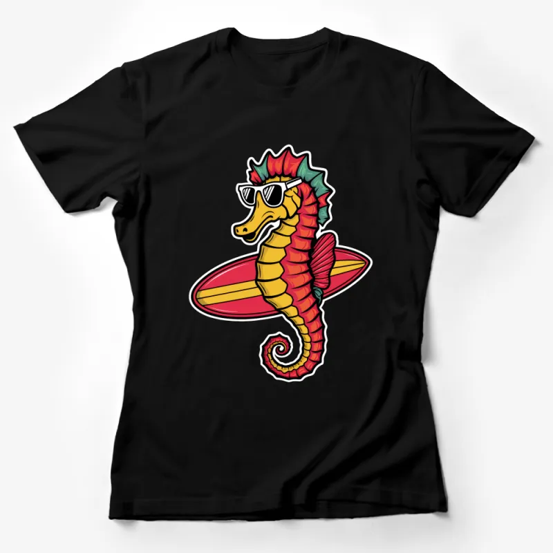 Colorful Seahorse Surfing T-Shirt, Fun Beach Vibes Graphic Tee, Stylish Summer Casual Wear, Unisex Female T-Shirt