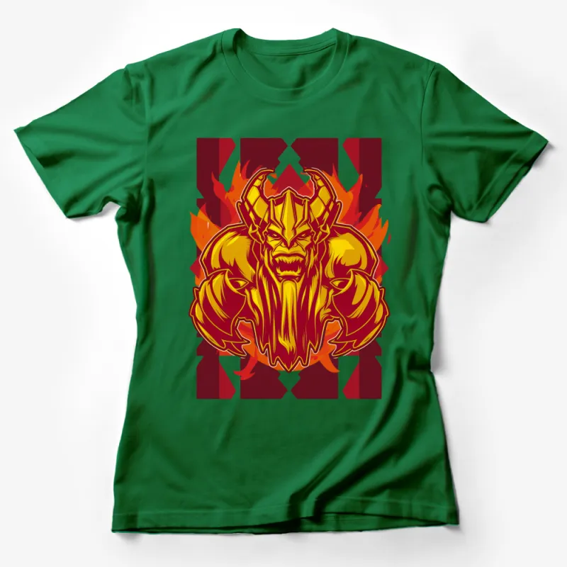 Fiery Demon Graphic Tee, Bold Red and Orange Hellish Overlord Print, Unisex T-Shirt For Fantasy Fans Female T-Shirt