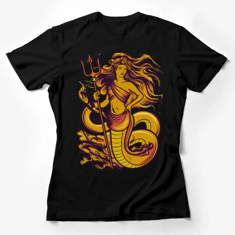 Mythical Mermaid Siren with Trident Graphic T-Shirt, Ocean Fantasy Art Tee, Unique Sea Creature Design Shirt for All Female T-Shirt