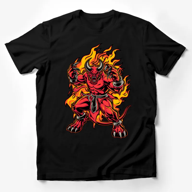 Men's Fire Demon Graphic Tee, Bold Red and Yellow Flame Creature T-Shirt, Fantasy Art Apparel, Unique Statement Shirt Male T-Shirt