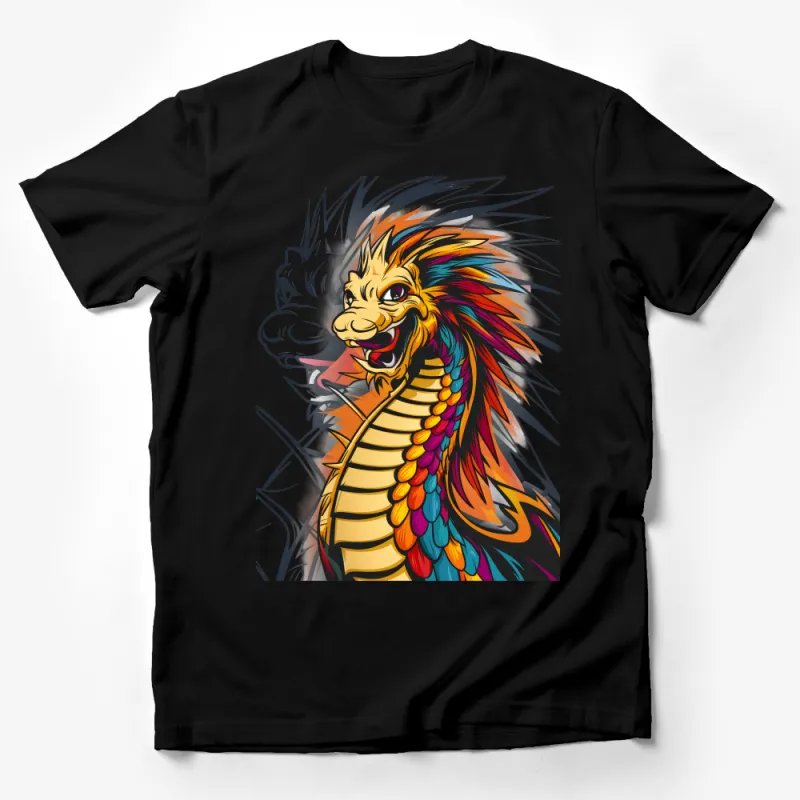 Colorful Dragon Print T-Shirt, Vibrant Fantasy Creature Tee, Unisex Graphic Shirt, Artistic Apparel, Gift for Dragon Lovers Male T-Shirt