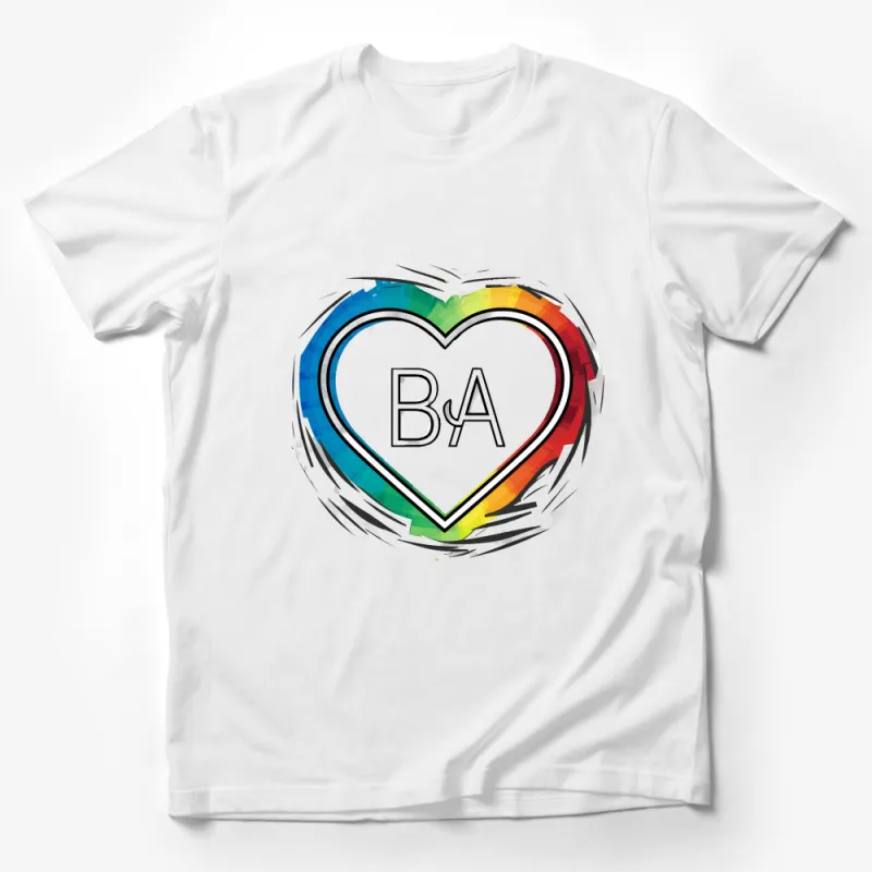 Abstract Art Heart T-Shirt, Colorful Brush Stroke Design Tee, Love BA Initials Fashion Top Male T-Shirt