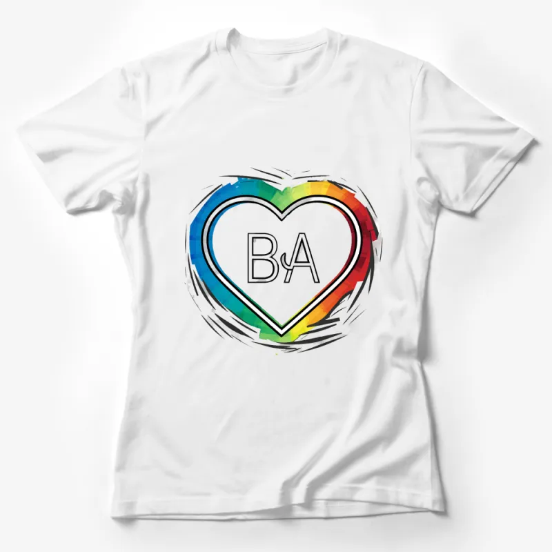 Abstract Art Heart T-Shirt, Colorful Brush Stroke Design Tee, Love BA Initials Fashion Top Female T-Shirt