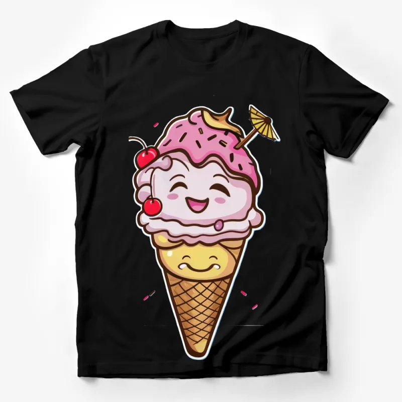 Cute Smiling Ice Cream Cone T-Shirt, Happy Dessert Graphic Tee, Kawaii Food Casual Top, Unisex Summer Shirt, Gift for Sweet Tooth Male T-Shirt