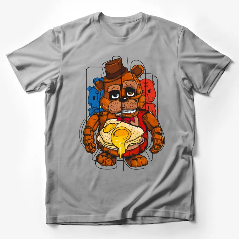 Cartoon Bear Breakfast T-Shirt, Funny Animal with Pancake Hat Graphic Tee, Unique Foodie Shirt Male T-Shirt