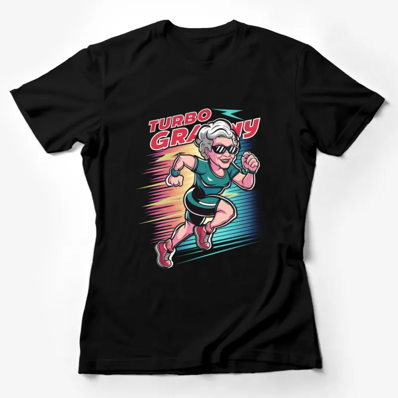 Turbo Granny Cartoon T-Shirt, Funny Running Grandma, Athletic Grandmother Gift, Active Senior, Fitness Humor Tee, Workout Apparel Female T-Shirt