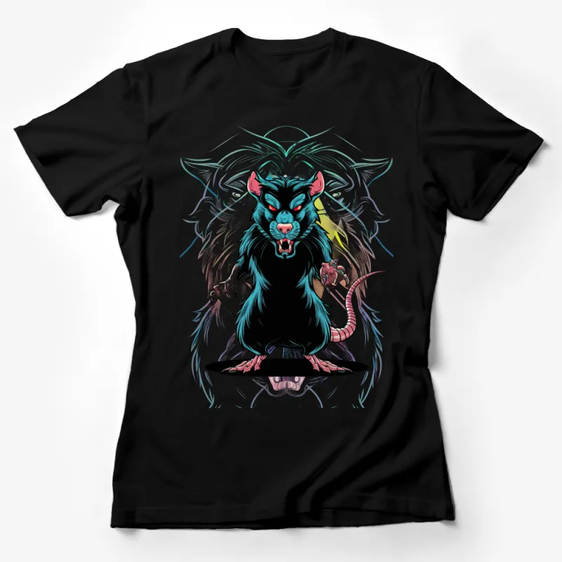 Menacing Rat Guardian Fantasy Art T-Shirt, Unique Rat Beast Graphic Tee, Vibrant Creature Streetwear Female T-Shirt