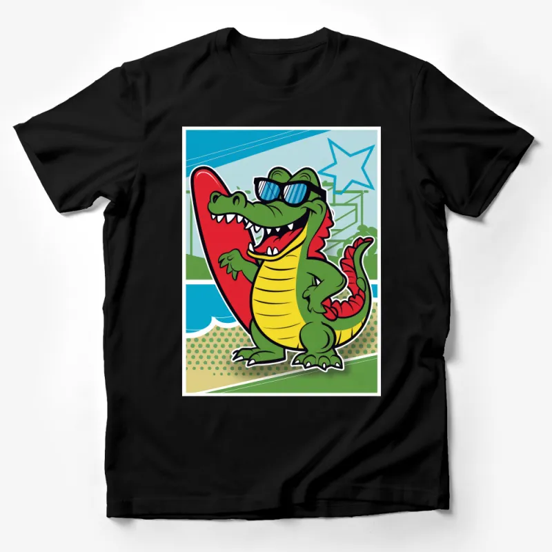 Surfing Alligator Graphic T-Shirt, Cool Crocodile Surfer Tee, Unisex Beach Shirt, Hipster Animal Print, Summer Fun Top Male T-Shirt