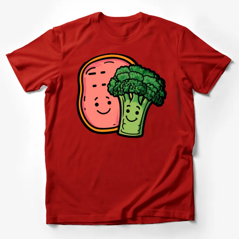 Cute Smiling Food Friends T-Shirt, Quirky Ham and Broccoli Graphic Tee, Unisex Fun Clothing, Cartoon Characters Top Male T-Shirt