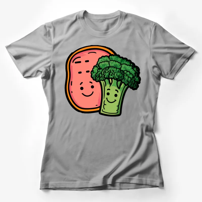 Cute Smiling Food Friends T-Shirt, Quirky Ham and Broccoli Graphic Tee, Unisex Fun Clothing, Cartoon Characters Top Female T-Shirt