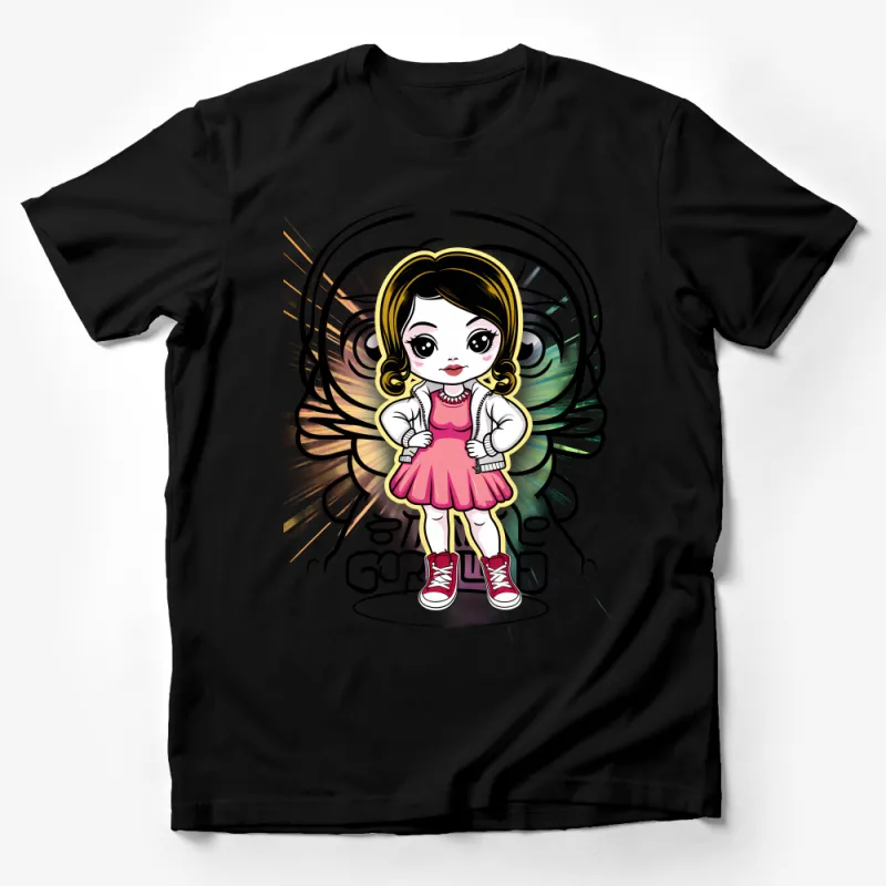 Cute Cartoon Girl Graphic Tee, Pink Dress and Sneakers, Casual Fashion T-Shirt, Vibrant Illustration Male T-Shirt