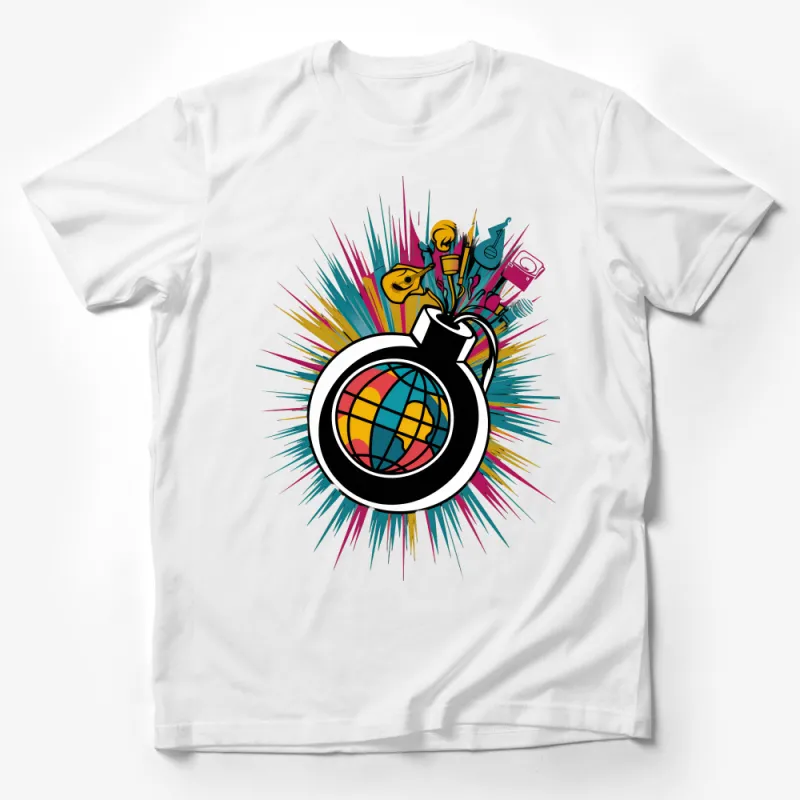 Colorful Abstract Art T-Shirt, Unisex Creative Music and Art Explosion Tee, Graphic Globe Design Shirt Male T-Shirt