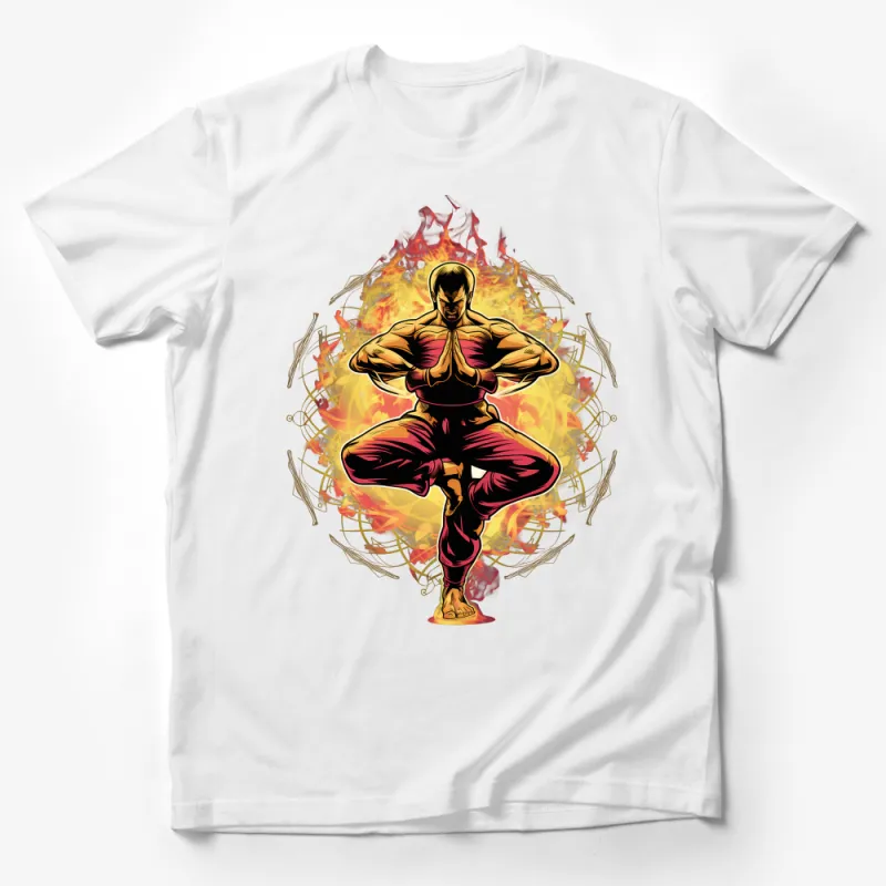 Martial Arts Graphic Tee, Fire Background, Fighter Pose, Athletic Casual Shirt, Unique Graphic T-Shirt Design, Gift for Martial Artists Male T-Shirt