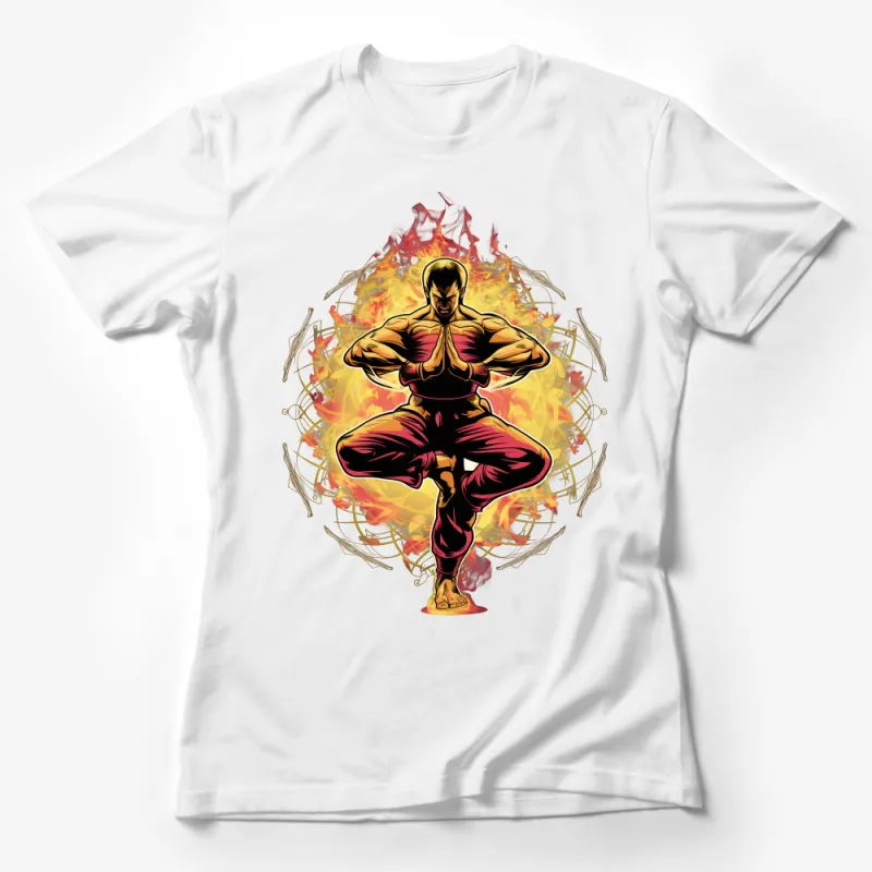 Martial Arts Graphic Tee, Fire Background, Fighter Pose, Athletic Casual Shirt, Unique Graphic T-Shirt Design, Gift for Martial Artists Female T-Shirt