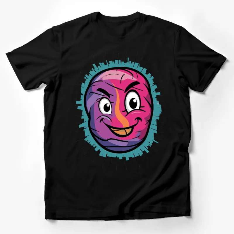 Colorful Cartoon Face T-Shirt, Quirky Smiling Character Tee, Bright Fun Graphic Top, Unisex Casual Shirt Male T-Shirt